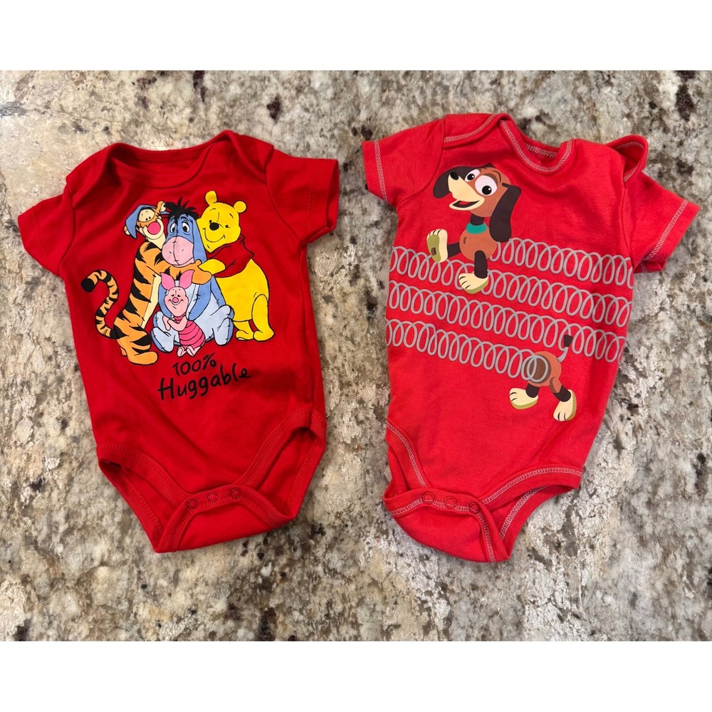 Disney Baby Bodysuits 2pk Winnie the Pooh Toy Story Slinky Dog Red 0-3M